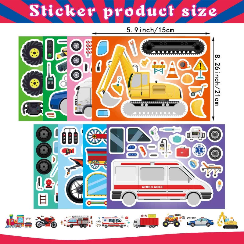 DUJAA 24 Sheets Vehicle Stickers for Kids, Make Your Own Police Car, Ambulance, Truck, Train, Motorcycles Engineering Vehicle Stickers for Toddlers, Brithday Party Supplies Classroom Teacher Reward - Image 4