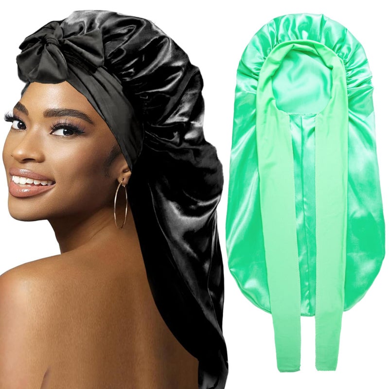 WOZUTUNT 2Pcs Bonnets for Black Women Braid Bonnet, Large Long Satin Bonnet for Braids, Silk Bonnet with Stretchy Tie Band Sleep Cap Hair (2Pcs-Black&Green) - Image 1