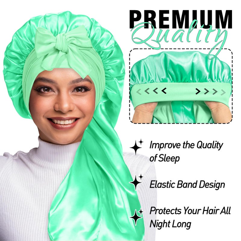 WOZUTUNT 2Pcs Bonnets for Black Women Braid Bonnet, Large Long Satin Bonnet for Braids, Silk Bonnet with Stretchy Tie Band Sleep Cap Hair (2Pcs-Black&Green) - Image 2