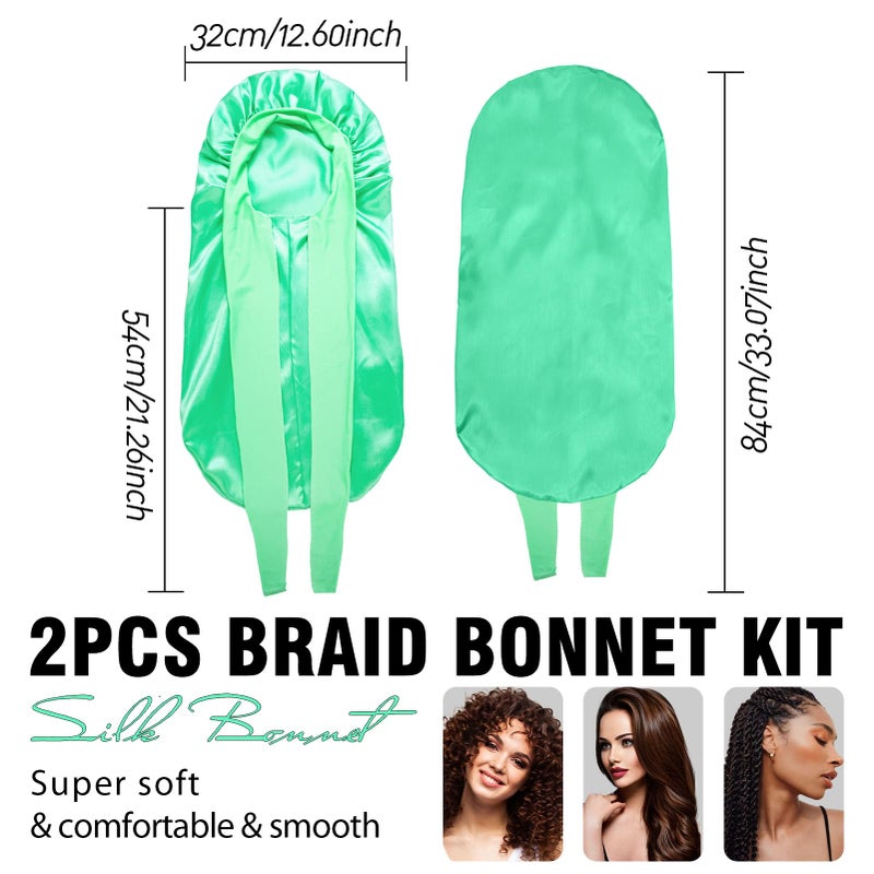 WOZUTUNT 2Pcs Bonnets for Black Women Braid Bonnet, Large Long Satin Bonnet for Braids, Silk Bonnet with Stretchy Tie Band Sleep Cap Hair (2Pcs-Black&Green) - Image 5
