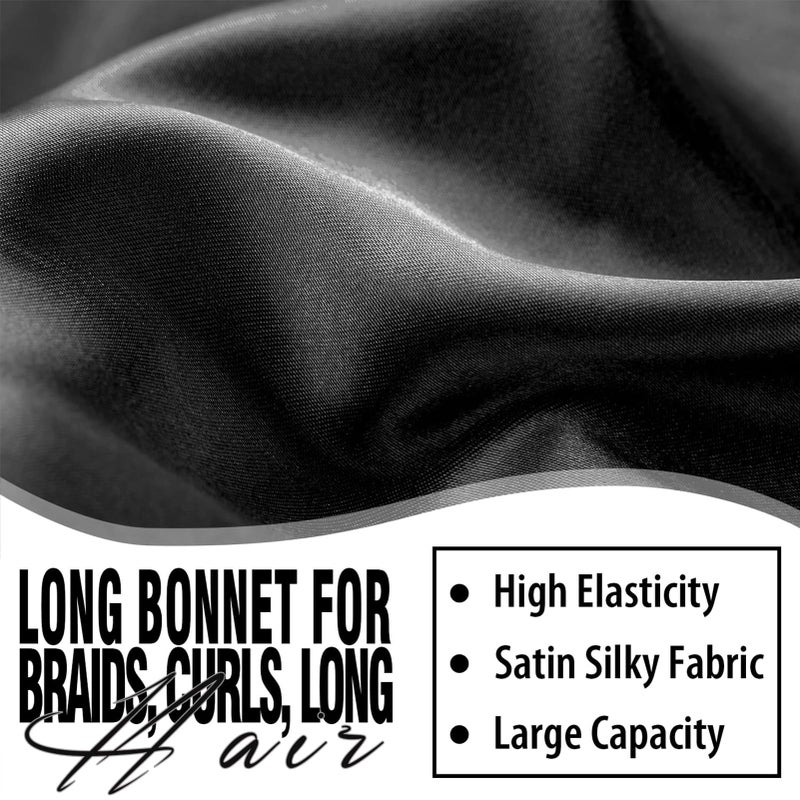 WOZUTUNT 2Pcs Bonnets for Black Women Braid Bonnet, Large Long Satin Bonnet for Braids, Silk Bonnet with Stretchy Tie Band Sleep Cap Hair (2Pcs-Black&Green) - Image 4