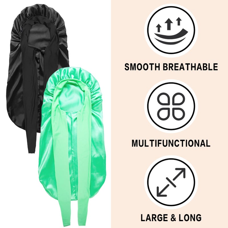 WOZUTUNT 2Pcs Bonnets for Black Women Braid Bonnet, Large Long Satin Bonnet for Braids, Silk Bonnet with Stretchy Tie Band Sleep Cap Hair (2Pcs-Black&Green) - Image 3