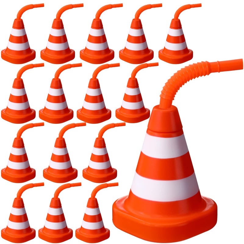 Sawysine 16 Pack Construction Cone Cups with Straws Bulk Traffic Cones Party Favor 10 oz Plastic Reusable Kids Race Cups Set for Construction Traffic Theme Racing Car Birthday Party Supplies
