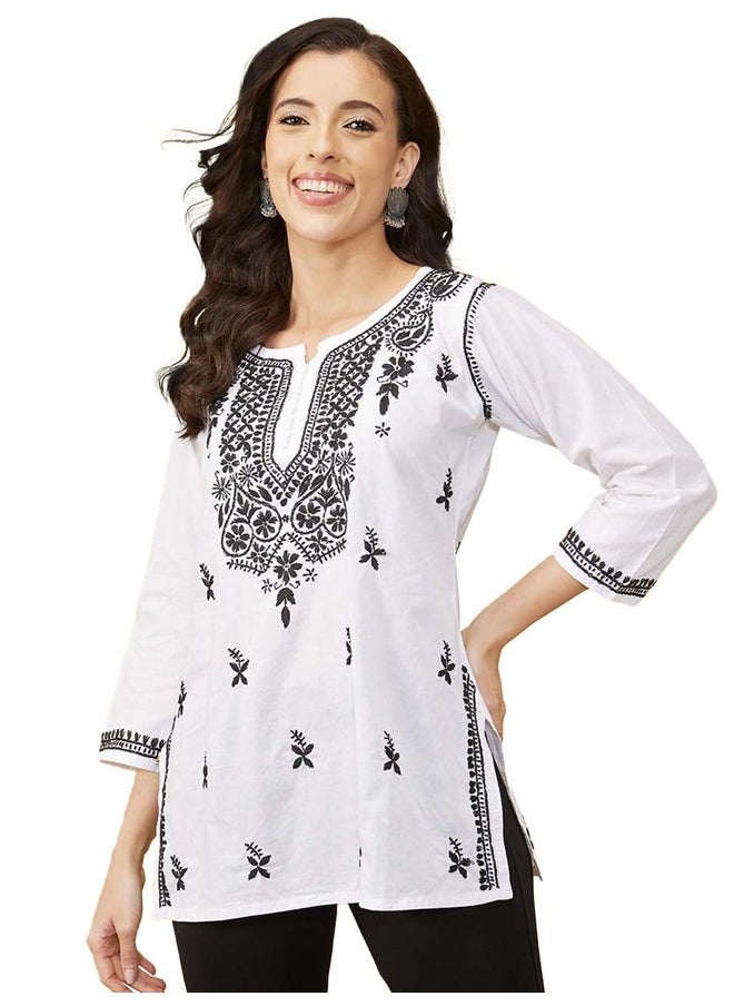 ADA - Ada Hand Embroidery Lucknowi Chikankari Pure Cotton Short Kurti Top for Women A411139 White (M) - Image 1