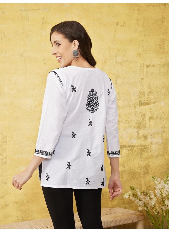 ADA - Ada Hand Embroidery Lucknowi Chikankari Pure Cotton Short Kurti Top for Women A411139 White (M) - Image 1