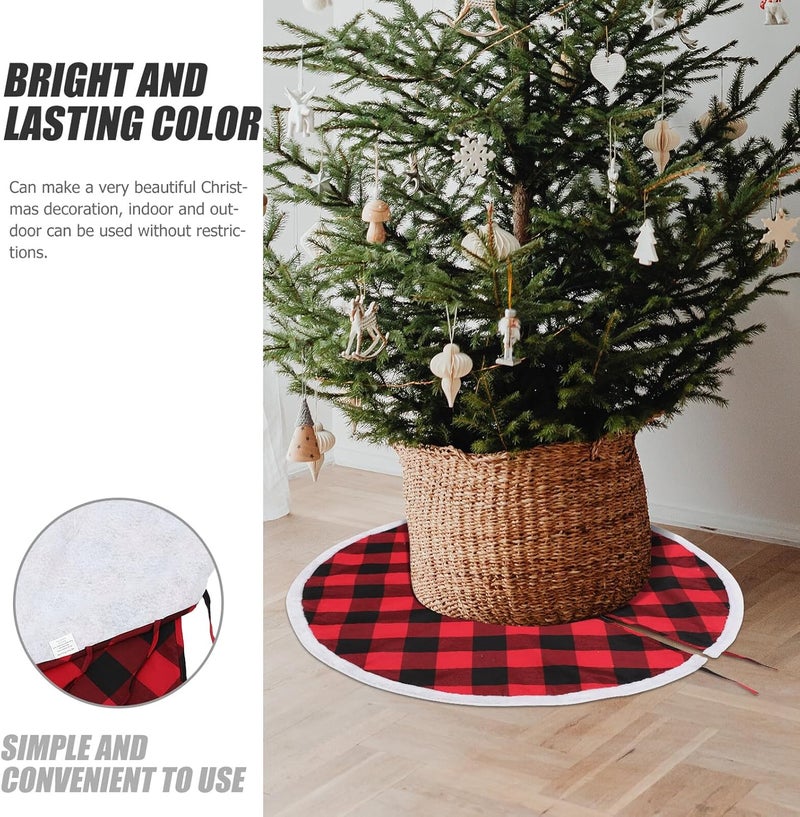 Plaid Christmas Tree Skirt 36-inch Red Dark Checkered Cotton Fabric Thick Christmas Tree Decoration Skirt Mat for Holiday Home Festive Decor - Image 3