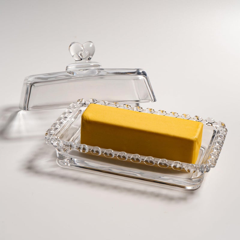 QIANCHANG Glass Butter Dish with Heart Lid, Clear Glass Covered Butter Stick Holder Tray, Crystal Butter Storage Container for Fridge Countertop - Image 2
