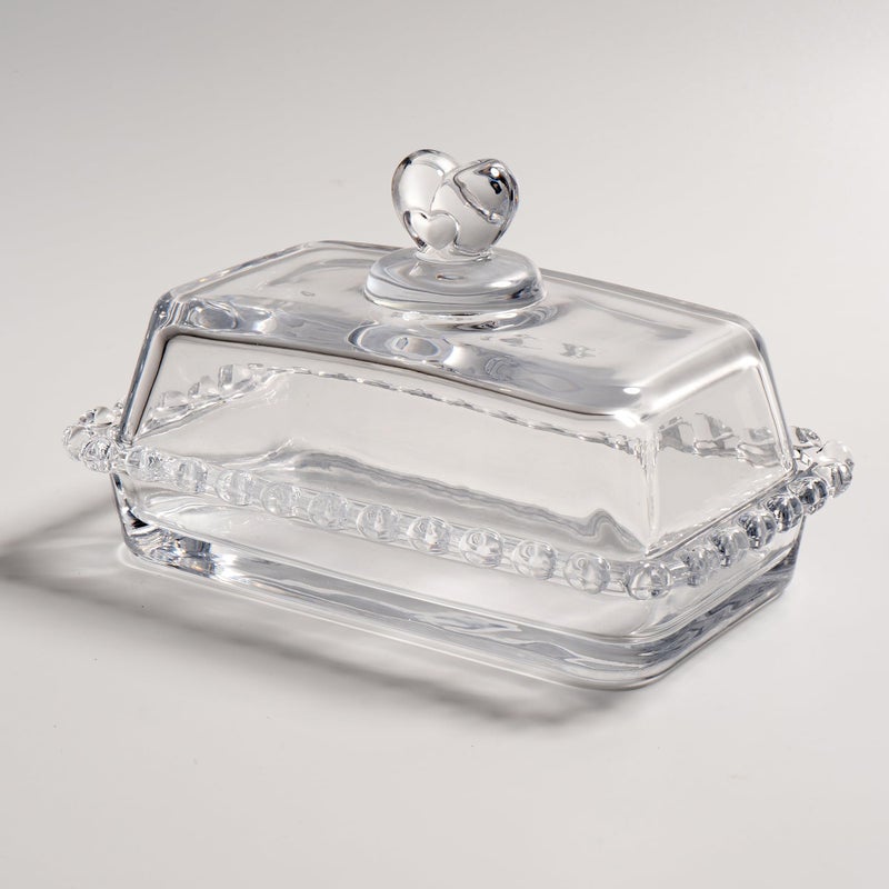 QIANCHANG Glass Butter Dish with Heart Lid, Clear Glass Covered Butter Stick Holder Tray, Crystal Butter Storage Container for Fridge Countertop - Image 1