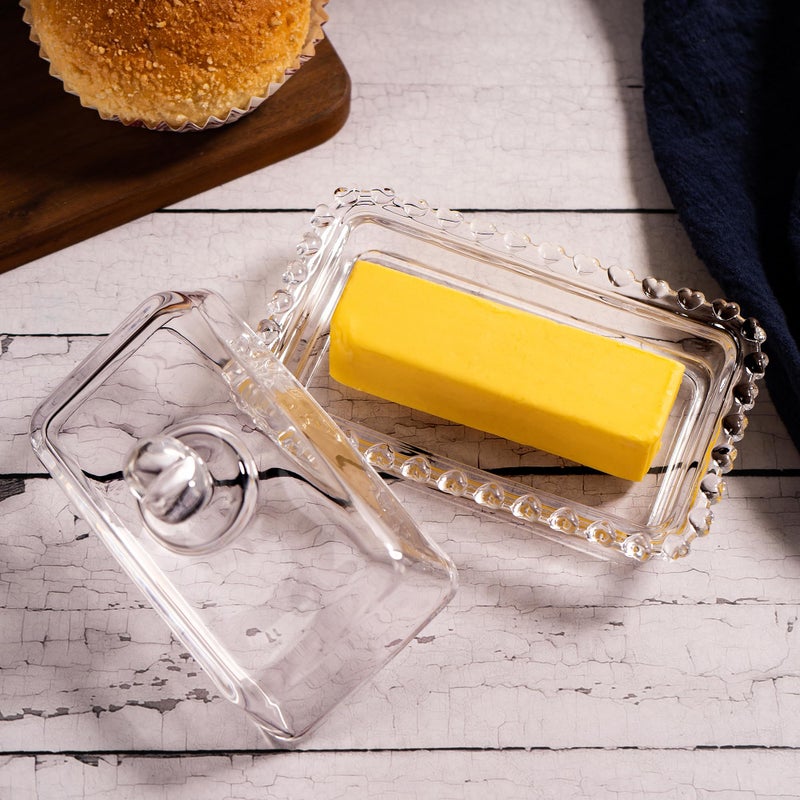 QIANCHANG Glass Butter Dish with Heart Lid, Clear Glass Covered Butter Stick Holder Tray, Crystal Butter Storage Container for Fridge Countertop - Image 5