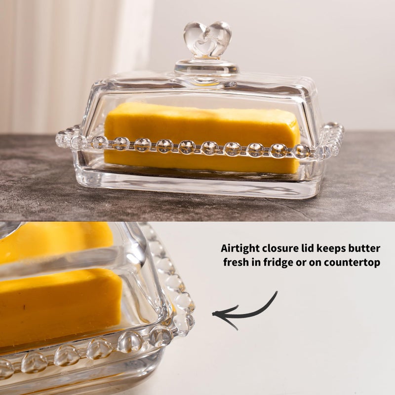 QIANCHANG Glass Butter Dish with Heart Lid, Clear Glass Covered Butter Stick Holder Tray, Crystal Butter Storage Container for Fridge Countertop - Image 3