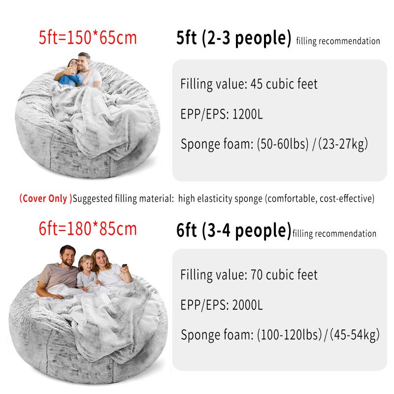 YudouTech (No Filler Bean Bag Chair Cover Without Filler,Big Round Soft Fluffy PV Velvet Washable Bean Bag Lazy Sofa Bed Cover for Adults,Living Room Bedroom Furniture Outside,5ft Snow Grey - Image 4