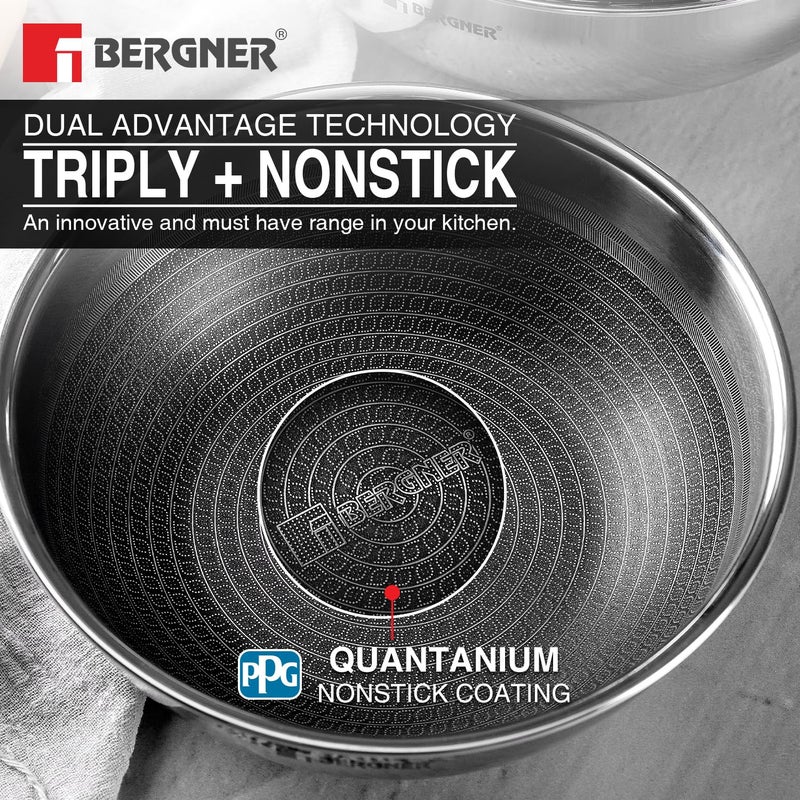 BERGNER Bergner Hitech Triply NonStick 24 cm Tasla 25 L Tasra with NonStick Mesh Pattern Inside Rivetless Handle Metal Spatula Friendly Even Heat Distribution Induction Bottom and Gas Stove Ready  - Image 3