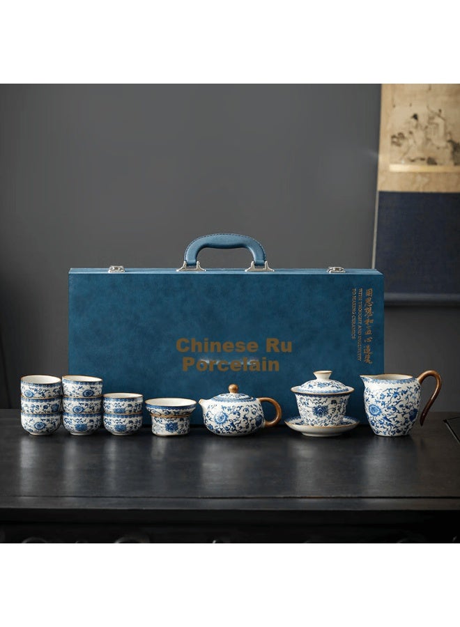 Bw Ru Kiln Tea Set High-end Blue And White Porcelain Kung Fu Tea Set Complete Set Festival Gift For Elders 12-piece - Image 1