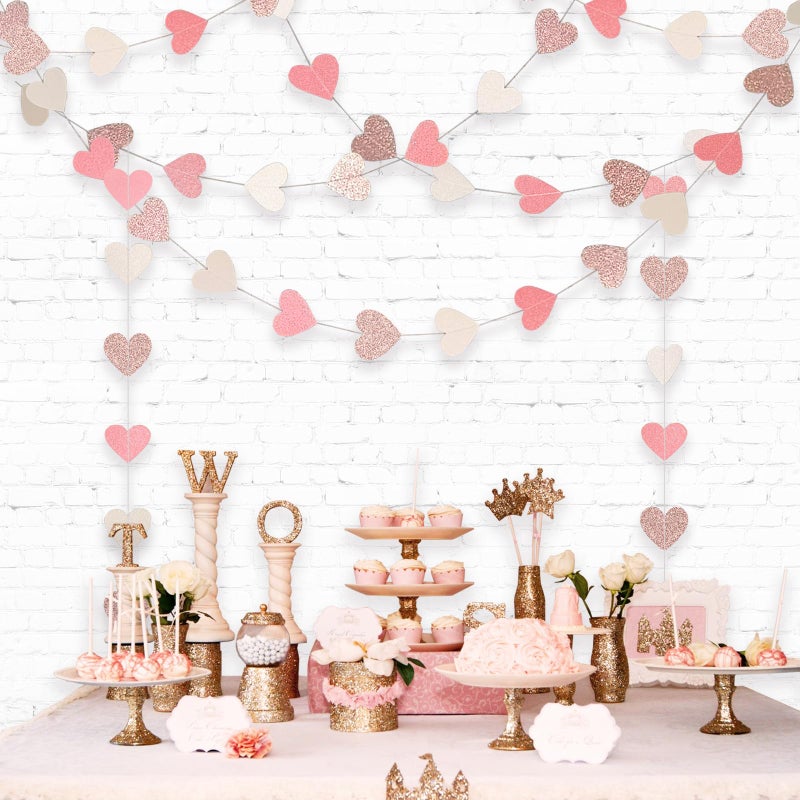 Aonor Sparkly Heart Hanging String Garland, Paper Heart Garland Streamers for Birthday Party Decorations Baby Shower Anniversary Valentines Day Decorations, Rose Gold Pink White - Image 3