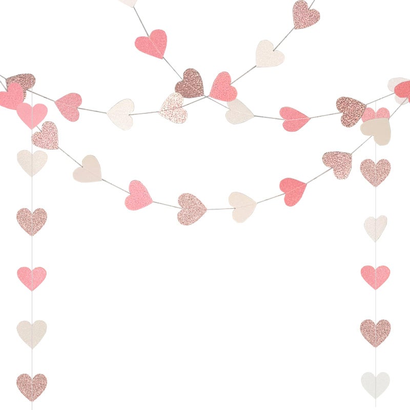 Aonor Sparkly Heart Hanging String Garland, Paper Heart Garland Streamers for Birthday Party Decorations Baby Shower Anniversary Valentines Day Decorations, Rose Gold Pink White - Image 1