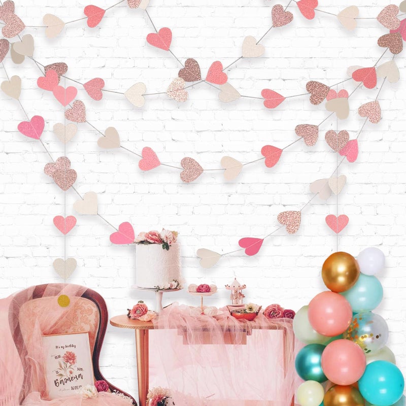 Aonor Sparkly Heart Hanging String Garland, Paper Heart Garland Streamers for Birthday Party Decorations Baby Shower Anniversary Valentines Day Decorations, Rose Gold Pink White - Image 4