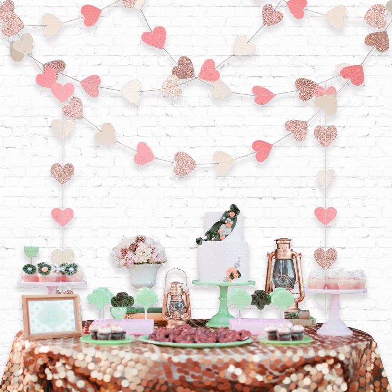 Aonor Sparkly Heart Hanging String Garland, Paper Heart Garland Streamers for Birthday Party Decorations Baby Shower Anniversary Valentines Day Decorations, Rose Gold Pink White - Image 5