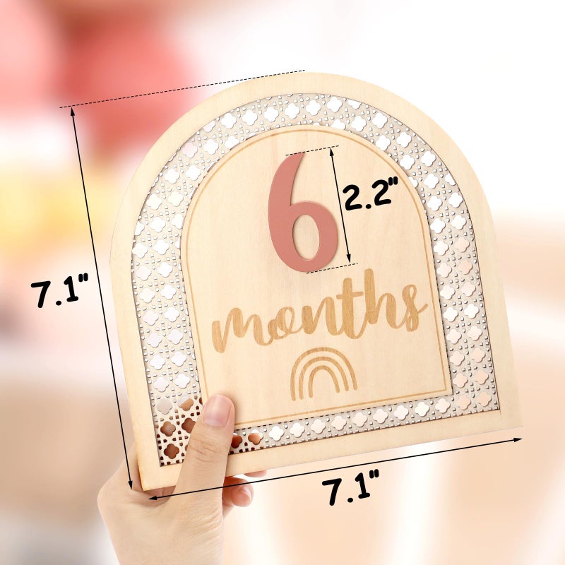 Huray Rayho Boho Rattan Monthly Photo Props Cards Wooden Bohemian Blocks Rainbow Interchangeable Photo Props with 11 Swappable Numbers Set of 12 for Baby Growth Record Baby Shower Plaques - Image 2