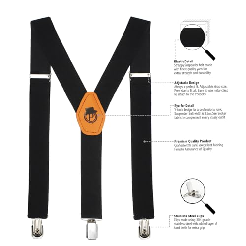 Peluche Plaid Black Black Coloured 3.5cm Strap Width Elastic Suspenders for Men - Image 3