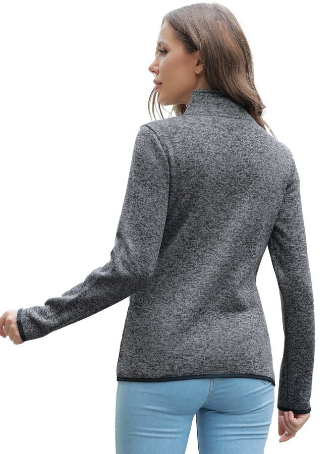 COZZIPLUS Women Zip Up Sweater Jacket with Fleece Interior, Warm Knitted Fleece Jacket with Pockets, Stand Collar - Black Heather, L - Image 3