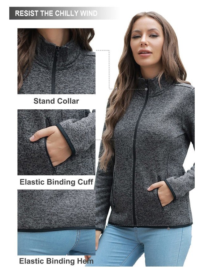 COZZIPLUS Women Zip Up Sweater Jacket with Fleece Interior, Warm Knitted Fleece Jacket with Pockets, Stand Collar - Black Heather, L - Image 5