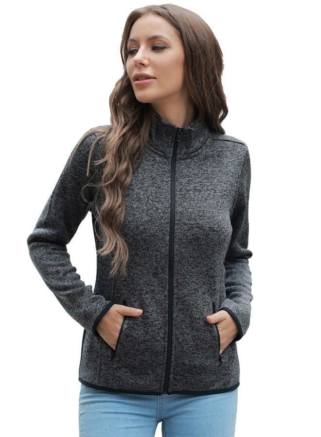COZZIPLUS Women Zip Up Sweater Jacket with Fleece Interior, Warm Knitted Fleece Jacket with Pockets, Stand Collar - Black Heather, L - Image 1