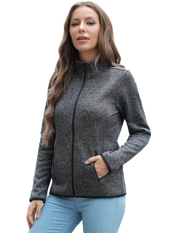 COZZIPLUS Women Zip Up Sweater Jacket with Fleece Interior, Warm Knitted Fleece Jacket with Pockets, Stand Collar - Black Heather, L - Image 2