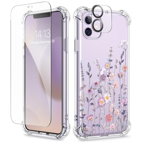 GVIEWIN for iPhone 11 Case with Screen Protector + Camera Lens Protector, [Not-Yellowing] Clear Soft TPU Shockproof Protective Cover for Women Girls Flower Pattern Phone Case 6.1"(Floratopia/Colorful) - Image 1