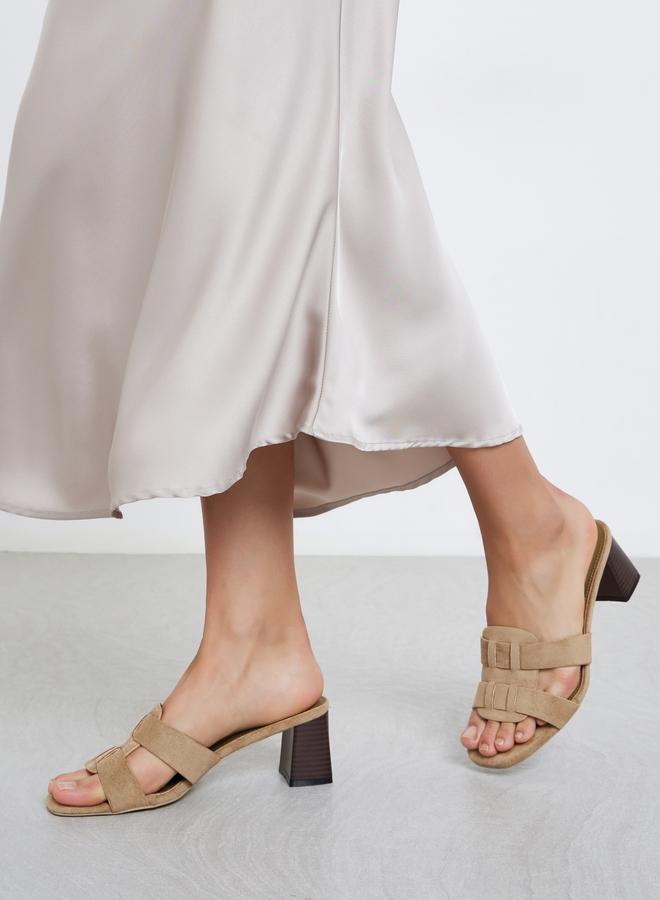 Styli Khaki Suede Look Block Heel Sandals - Image 2