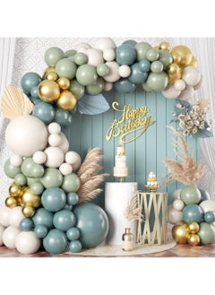 Generic Dusty Sage Green Blue Gold Balloon Garland Kit, 107 PCS Pastel Olive Green Slate Blue Beige Metallic Gold Balloon Arch Kit for Women Men Boho Birthday Wedding Baby Bridal Shower Party Decorations  - Image 1