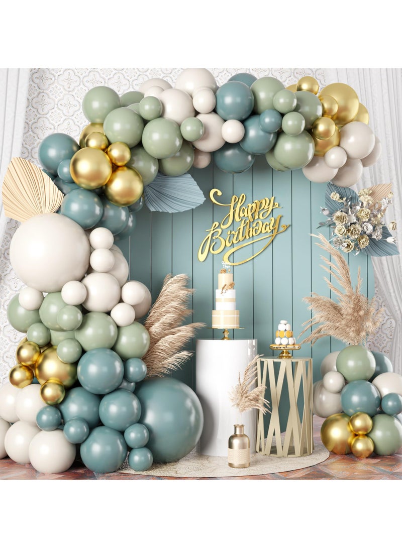 أخضر أزرق ذهبي بالون اكليلا من الزهور مجموعة ، 107 قطعة الباستيل الزيتون الأخضر لائحة الأزرق البيج معدنية ذهبية بالون قوس مجموعة ، للرجال والنساء بوهيميا عرس عيد ميلاد الطفل العروس دش الطرف الديكور - Image 1