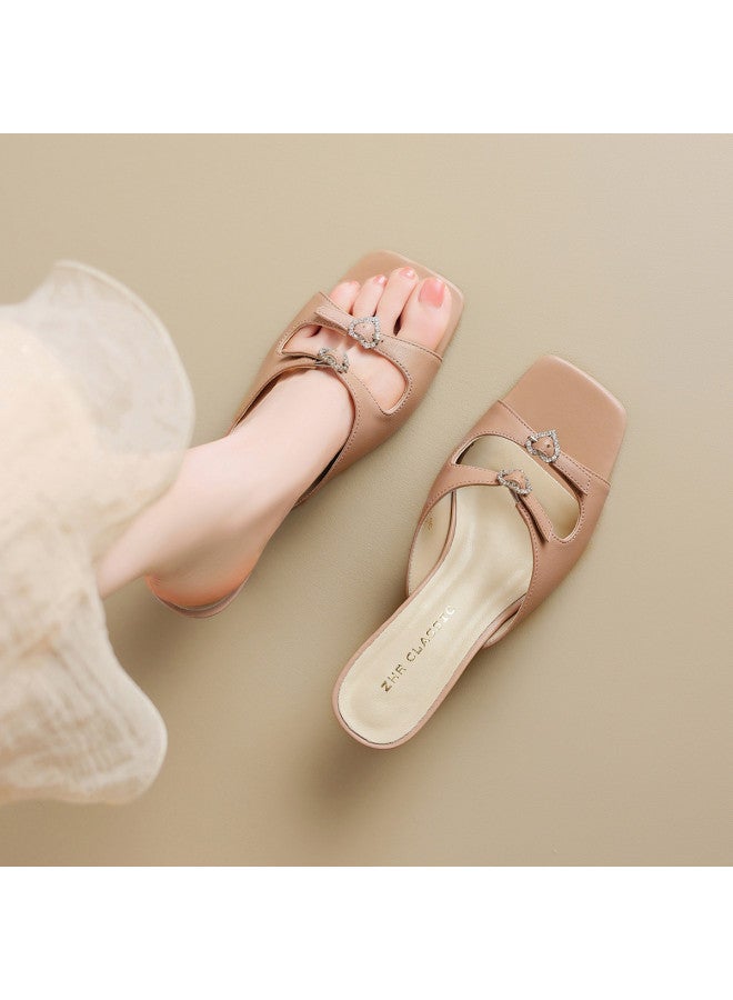 ZHR Top Grain Leather】 Rhinestone Genuine Leather Sandals, One-strap Flip Flops, Slide Sandals, Fashionable Summer Slippers For Women, Outdoor Wear - Image 3