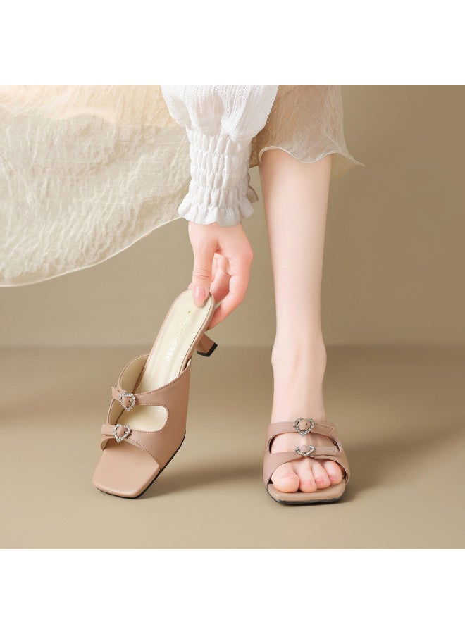 ZHR Top Grain Leather】 Rhinestone Genuine Leather Sandals, One-strap Flip Flops, Slide Sandals, Fashionable Summer Slippers For Women, Outdoor Wear - Image 2