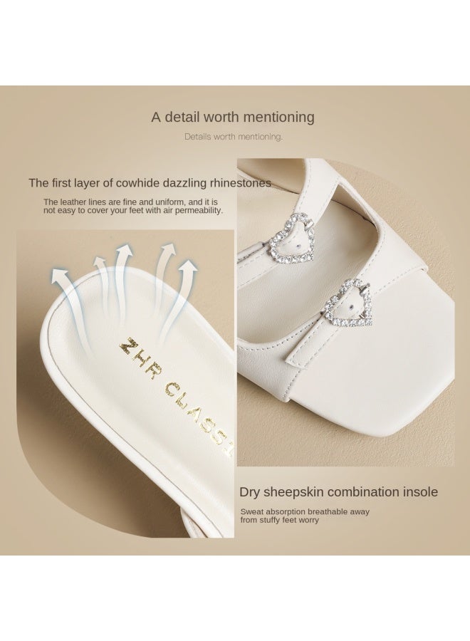 ZHR Top Grain Leather】 Rhinestone Genuine Leather Sandals, One-strap Flip Flops, Slide Sandals, Fashionable Summer Slippers For Women, Outdoor Wear - Image 4