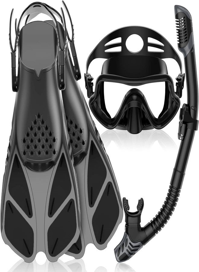 Olpad Adult Snorkeling Gear with Anti-Fog Panoramic View Snorkel Mask, Dry Top Snorkel, and Adjustable Fins for Travel, Beach Vacations, Scuba Diving, Freediving, and Water Sports (Black) - Image 1