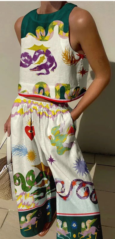 2023 New Sleeveless Top  Long Pants Set, Cotton Linen Printed Casual Outfit Dragon Print 