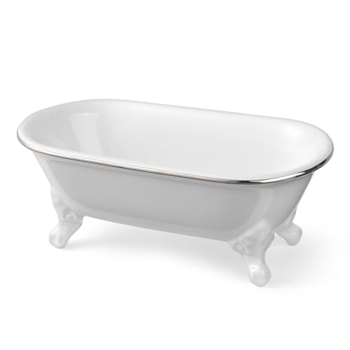 NEWHENGS 6.5" Ceramic Mini Decorative Clawfoot Bathtub Bar Soap Dish, Kitchen Sponge Holder and Shower Tray for Bathroom, 1 Pack (White Silver Rim) - Image 3