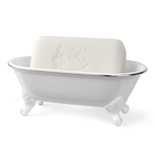 NEWHENGS 6.5" Ceramic Mini Decorative Clawfoot Bathtub Bar Soap Dish, Kitchen Sponge Holder and Shower Tray for Bathroom, 1 Pack (White Silver Rim) - Image 1
