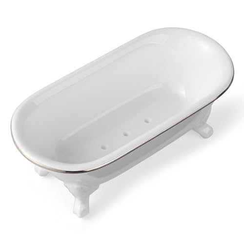 NEWHENGS 6.5" Ceramic Mini Decorative Clawfoot Bathtub Bar Soap Dish, Kitchen Sponge Holder and Shower Tray for Bathroom, 1 Pack (White Silver Rim) - Image 4