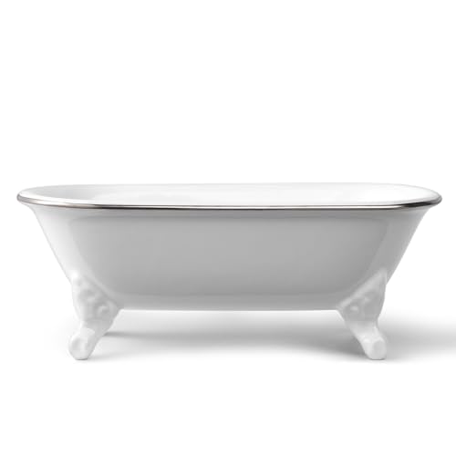 NEWHENGS 6.5" Ceramic Mini Decorative Clawfoot Bathtub Bar Soap Dish, Kitchen Sponge Holder and Shower Tray for Bathroom, 1 Pack (White Silver Rim) - Image 5
