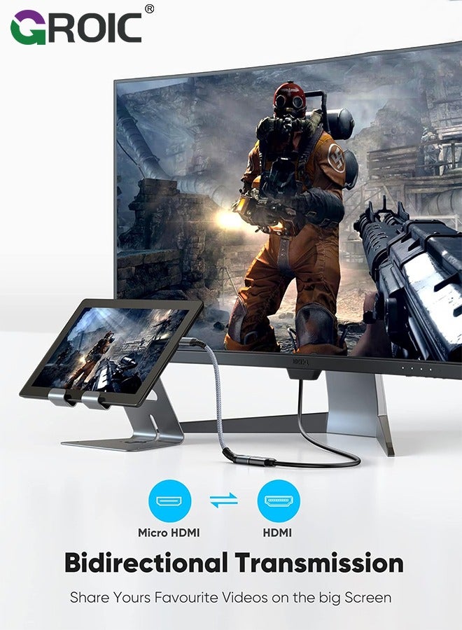 GROIC محول HDMI صغير رمادي إلى HDMI، كابل محول Micro HDMI ذكر إلى HDMI أنثى، 4K@60 هرتز HDR 3D Dolby 18 جيجابت في الثانية، متوافق مع Nikon Zfc/GoPro Hero/Raspberry Pi 4/Sony A6000 وكاميرات الحركة الأخرى - Image 2