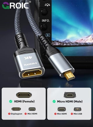 محول HDMI صغير رمادي إلى HDMI، كابل محول Micro HDMI ذكر إلى HDMI أنثى، 4K@60 هرتز HDR 3D Dolby 18 جيجابت في الثانية، متوافق مع Nikon Zfc/GoPro Hero/Raspberry Pi 4/Sony A6000 وكاميرات الحركة الأخرى - view 3