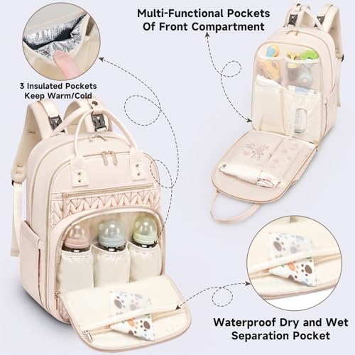 Tealari Diaper Bag Backpack,Stylish Baby Diaper Bag,Waterproof Travel Diaper Backpacks Baby Bags with Changing Pad,Stroller Straps,Insulated Pockets (Beige) - Image 3