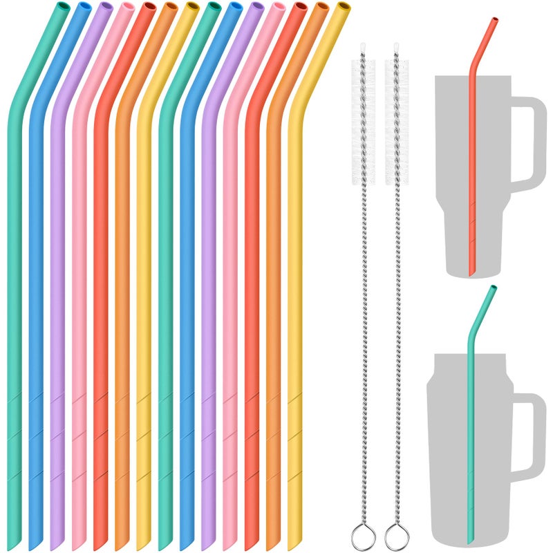 NiHome 14PCS Bent Silicone Straws Fit for Stanley 40oz 30oz Tumbler, 14â€ Extra Long Reusable Drinking Straw, Flexible Can Cut Length for 1/Half Gallon 75 64 OZ Large Water Bottle, 2 Brushes (Morandi) - Image 1
