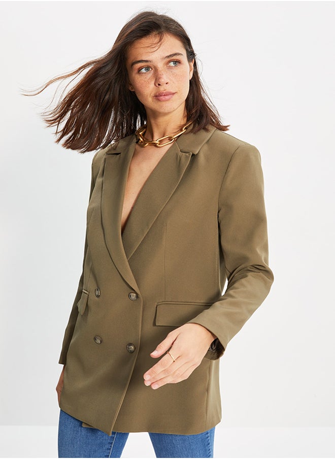 Light Khaki Oversize Lined Buttoned Woven Blazer Jacket TWOAW22CE0167