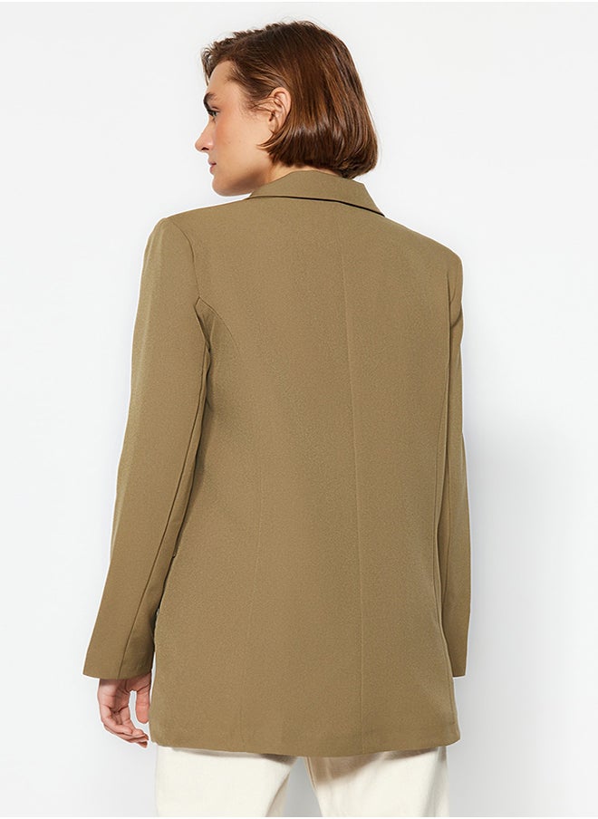 Light Khaki Oversize Lined Buttoned Woven Blazer Jacket TWOAW22CE0167