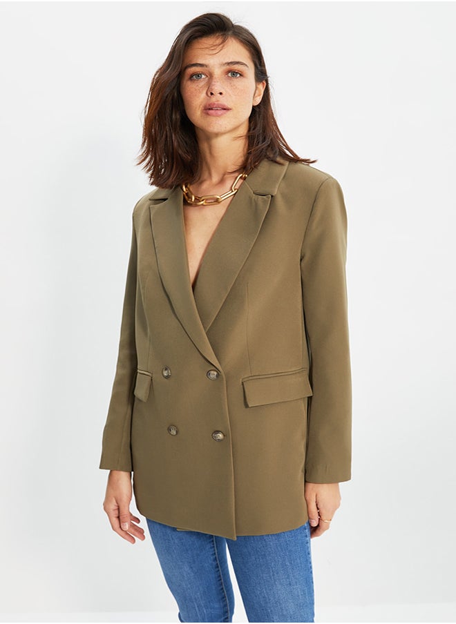Light Khaki Oversize Lined Buttoned Woven Blazer Jacket TWOAW22CE0167