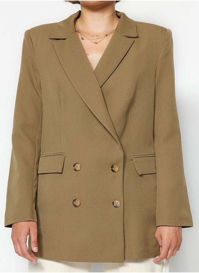 Light Khaki Oversize Lined Buttoned Woven Blazer Jacket TWOAW22CE0167