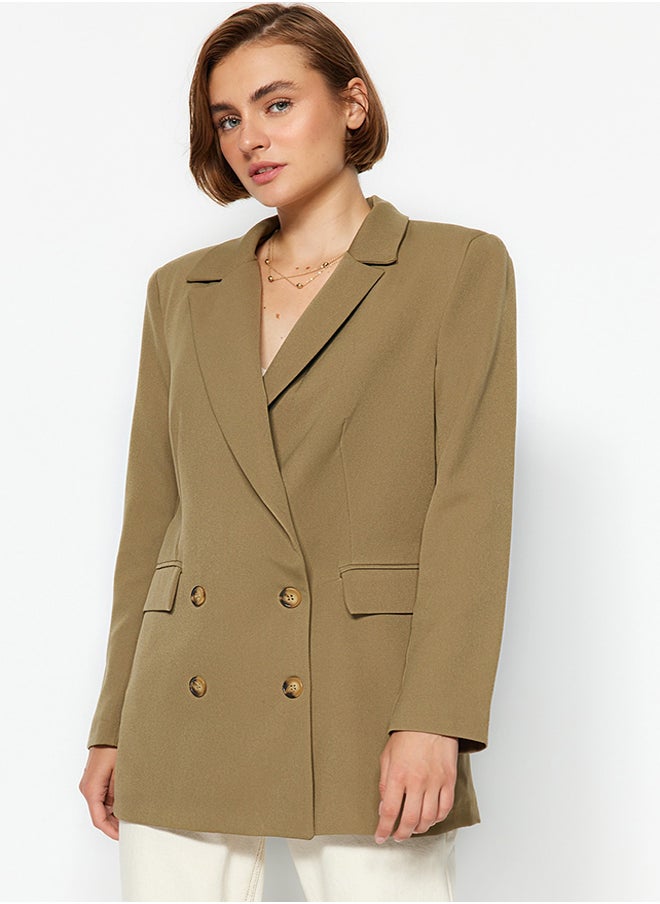 Light Khaki Oversize Lined Buttoned Woven Blazer Jacket TWOAW22CE0167