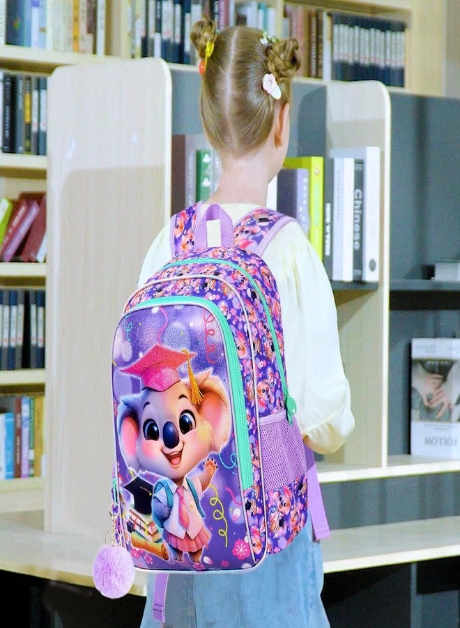 GXTVO 3PCS Koala Bookbag for Girls, 16" Kids Backpack with Lunch Box, Water Resistant Elementary Prechool Toddler Shool Bag - Purple Dr. Koala - Image 2